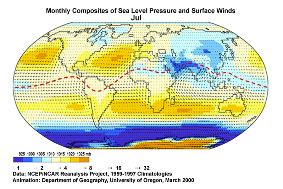 Monthly Composites of Sea Level Pressure and Surface Winds - July