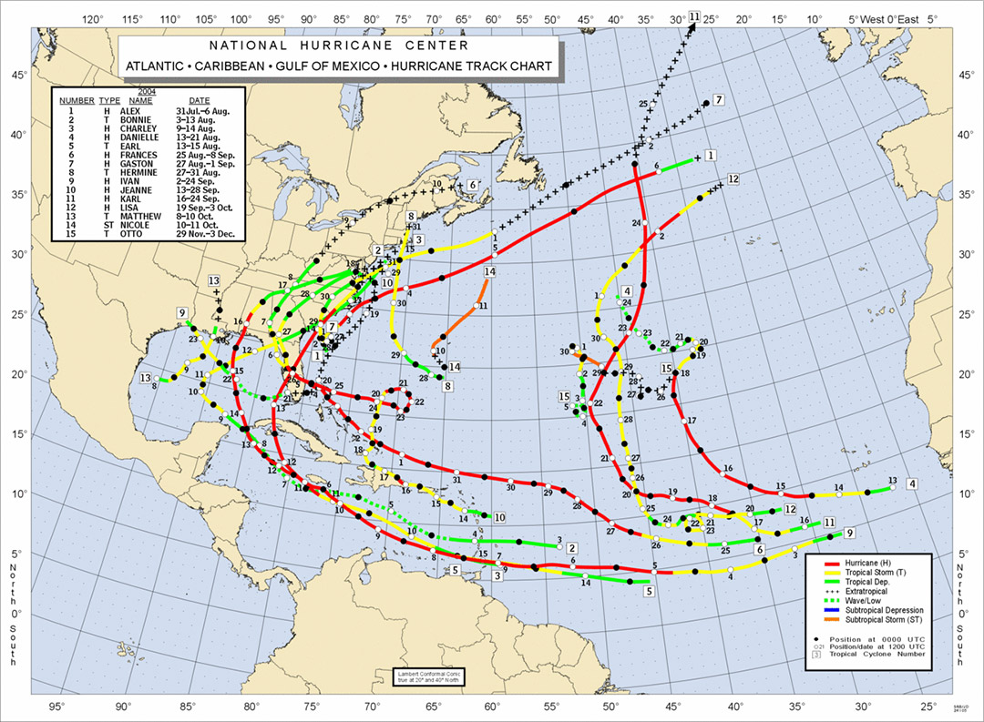 Map of 2004 Hurricane Paths