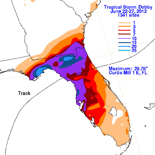 Map of precipitation for Tropical Storm Debby