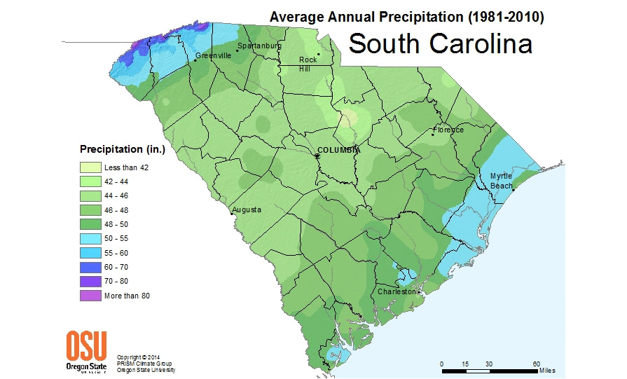 Average Annual Precipitation (1981-2010) South Carolina