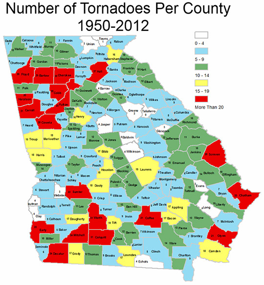 Number of Tornadoes Per County 1950-2012