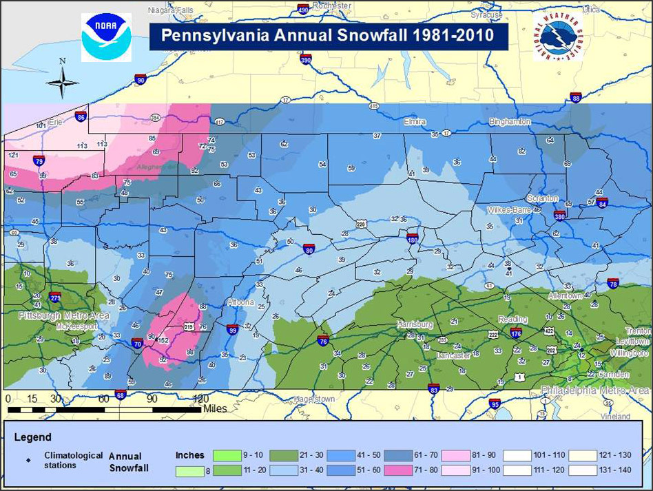 PA Annual Snowfall Map